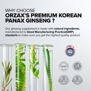 ORZAX Korean Panax Ginseng Capsules with 30% Ginsenosides for Performance & Energy Supplements for Women and Men - Red Ginseng for Enhanced Focus (120 Veg Capsules)