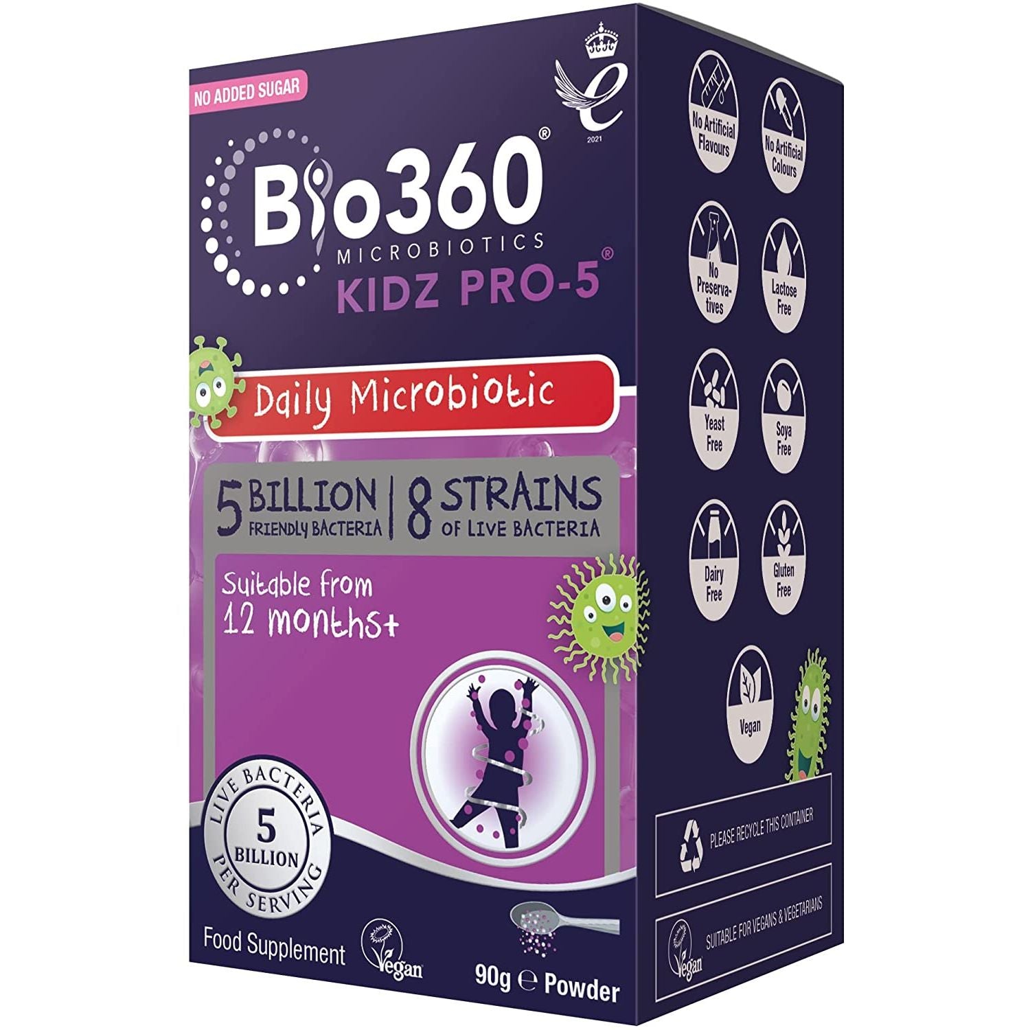 Natures Aid Bio360 Kidz Pro-5 Daily Microbiotic Powder 90G for Children 12 Months to 12 Years - 5 Billion Friendly Bacteria - Supports Digestive Health & Immunity Sugar Free Vegan Non-Gmo Gluten-Free