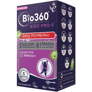 Natures Aid Bio360 Kidz Pro-5 Daily Microbiotic Powder 90G for Children 12 Months to 12 Years - 5 Billion Friendly Bacteria - Supports Digestive Health & Immunity Sugar Free Vegan Non-Gmo Gluten-Free
