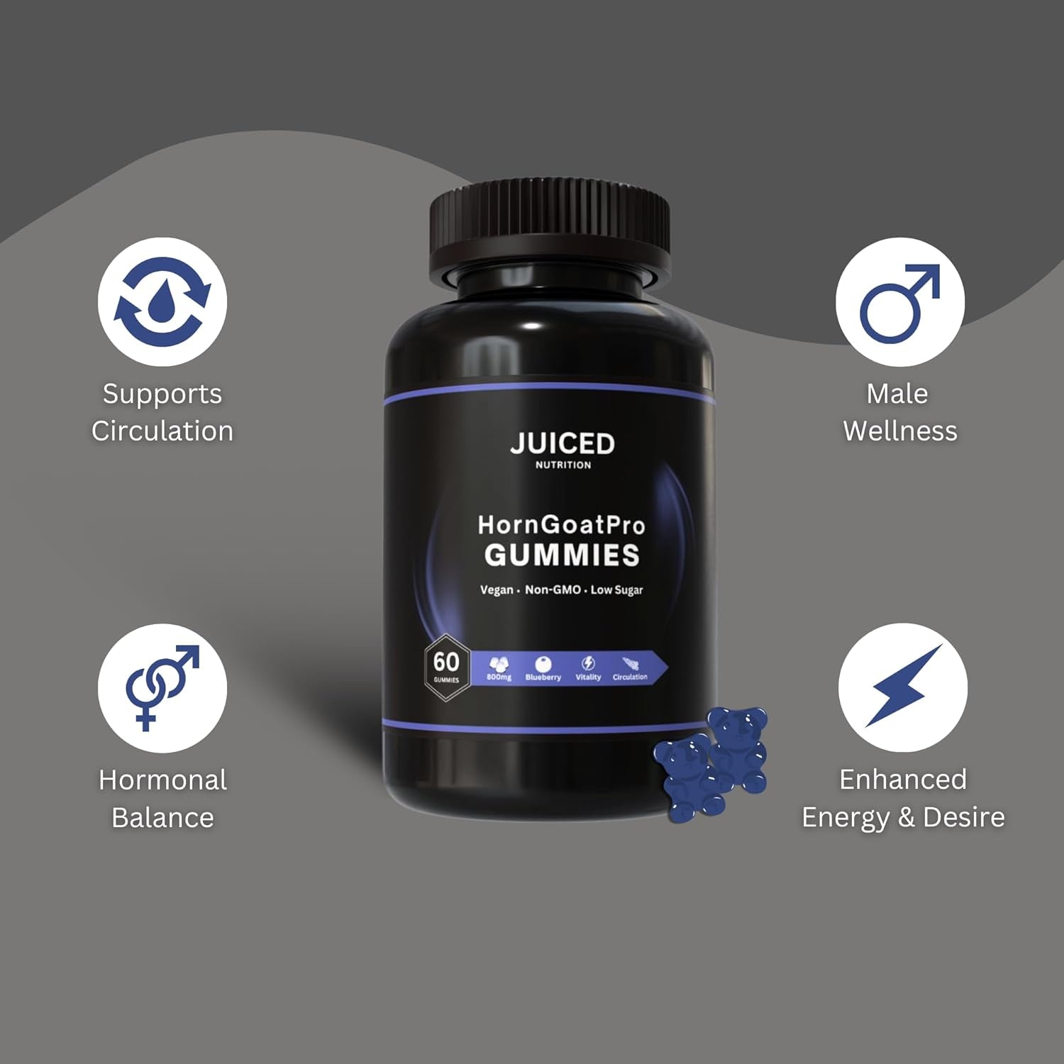 Horngoatpro Gummies - 60 Gummies Blueberry Flavour - with Added Tongaliextract, Maca Root, L-Arginine for Maximum Effect - Vegan, Non GMO, Gluten Free and Low Sugar - for Vitality