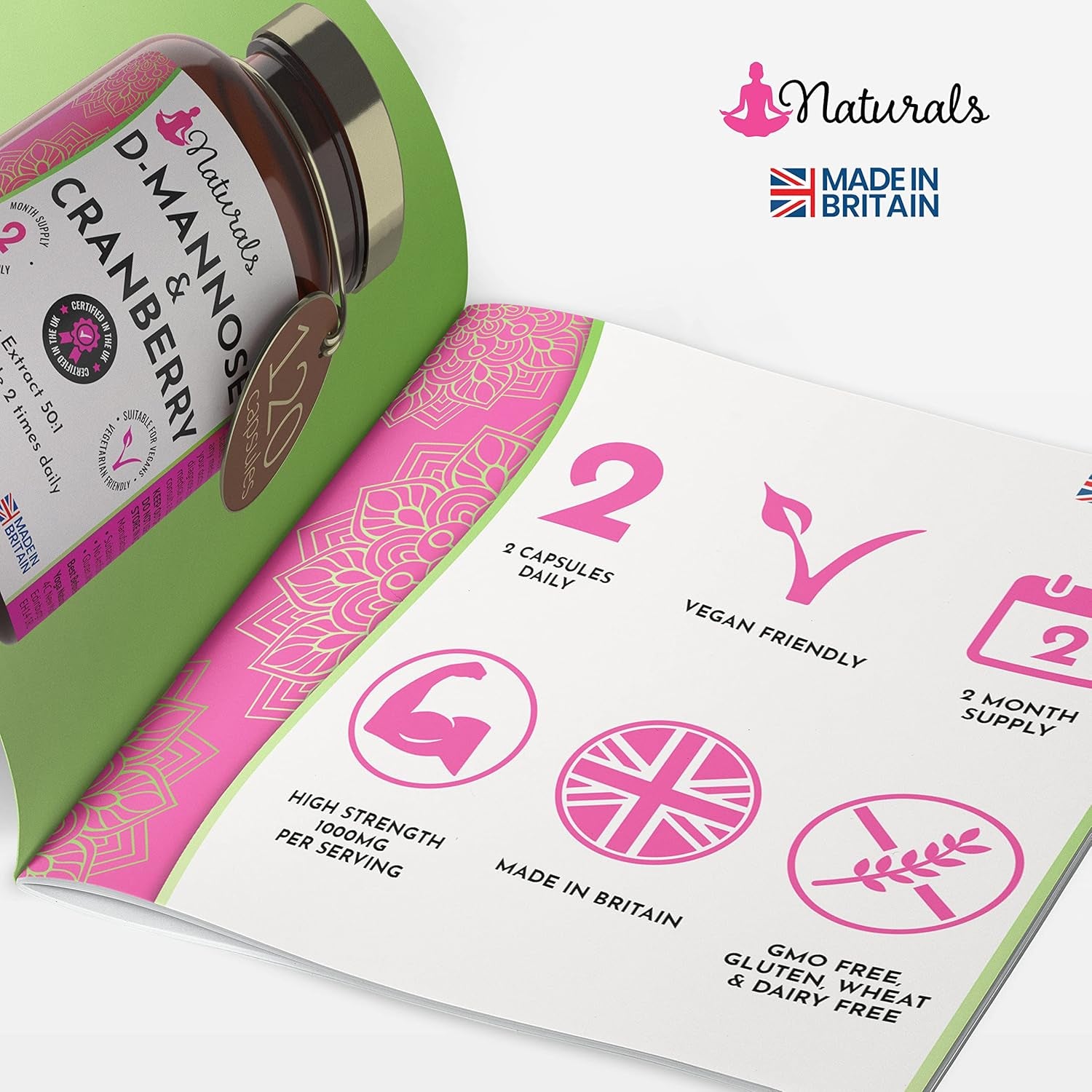 120 D-Mannose and Cranberry Capsules - (2 Months Supply) 1000Mg Extract per Serving - UK Made Vegan Supplement (Not Tablets) - High Strength Natural UTI Support for Women & Men