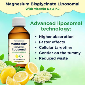 Magnesium Liposomal | with Vitamins D3 & K2 | Magnesium Bisglycinate | for Children & Adults | Highly Absorbable Liquid Supplement | Lemon & Elderflower Flavour | 30-Day Supply | 150Ml
