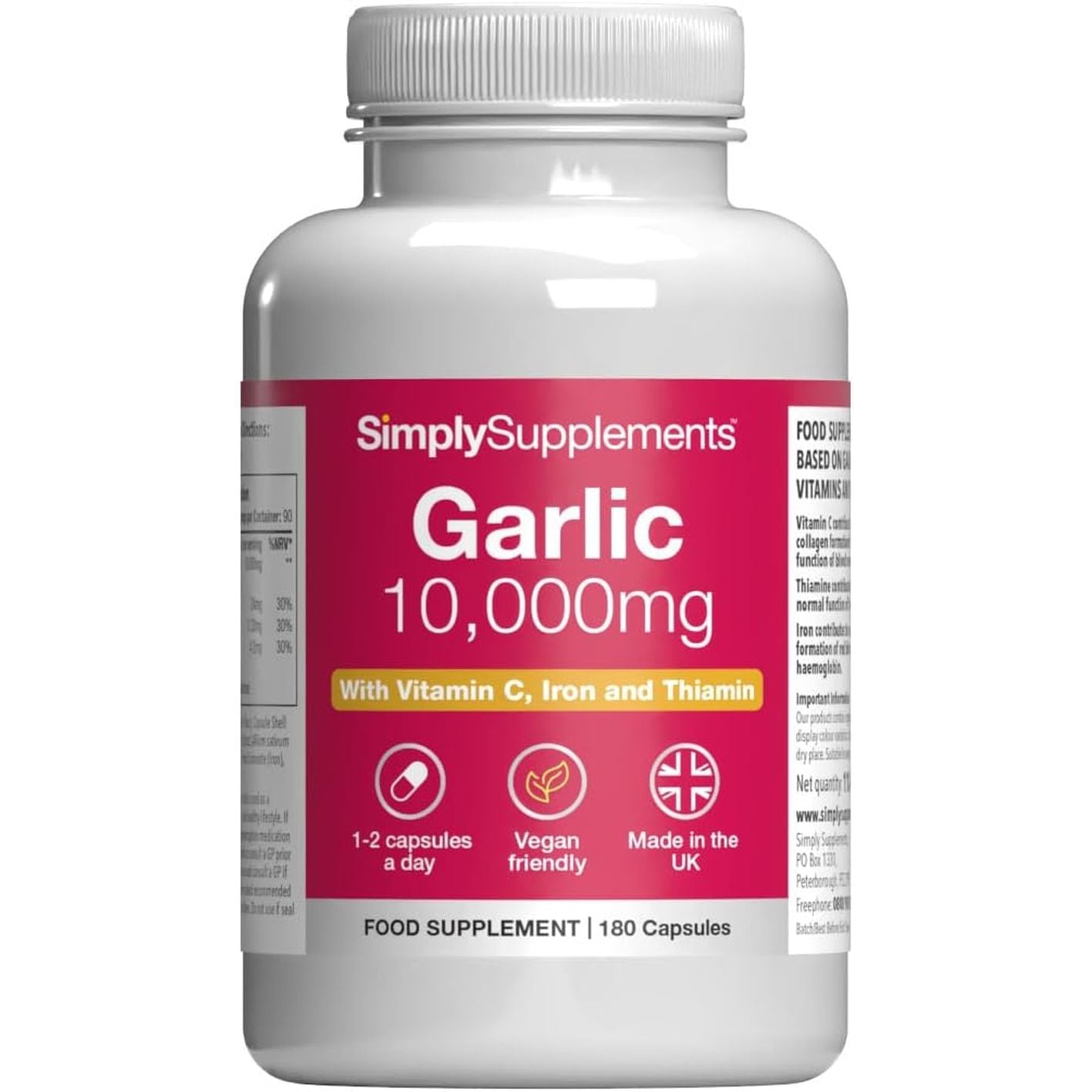 High-Strength Odourless Garlic Capsules | Supports Heart, Normal Blood Circulation & Immune Health | with Vitamin C, Iron & Thiamine | Vegan Friendly | 180 Capsules = 3 Months’ Supply | UK Made