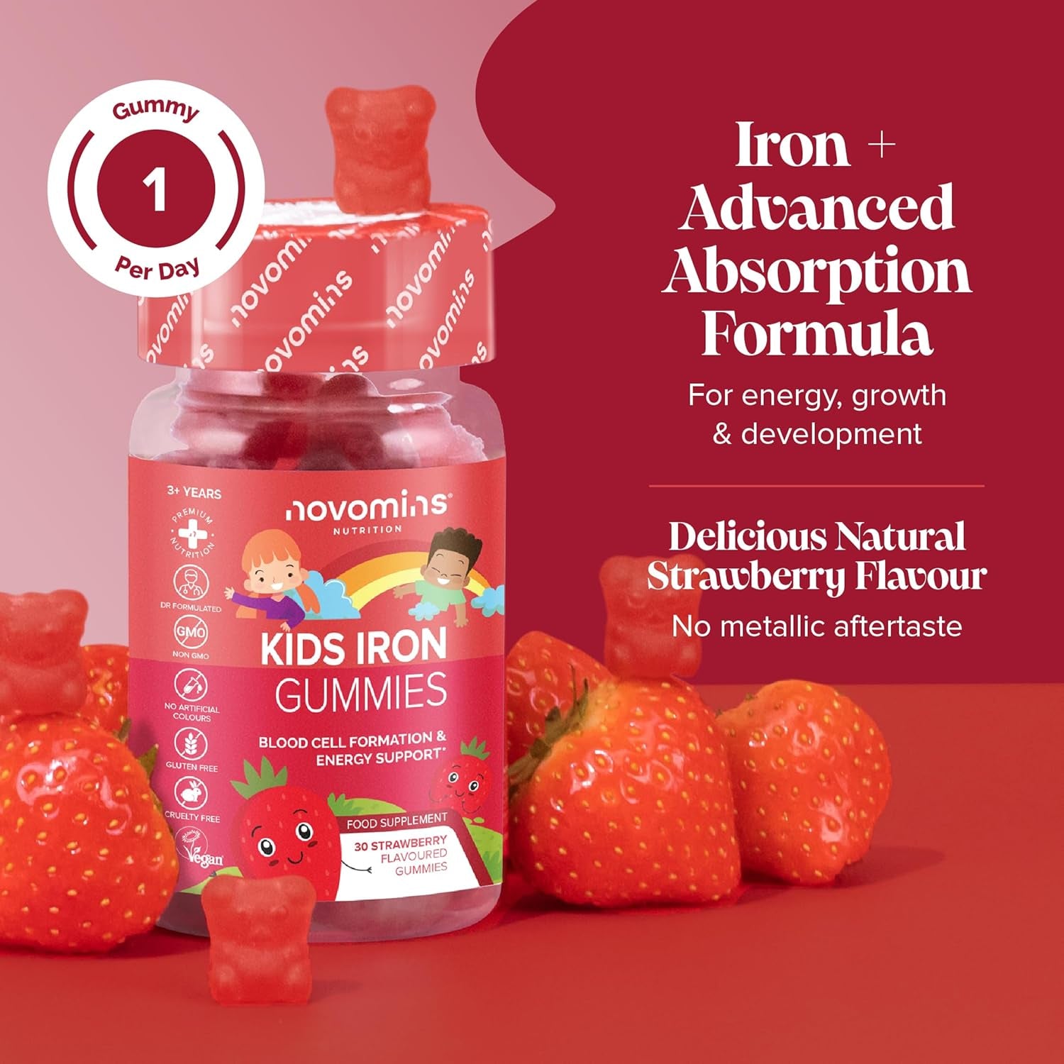 Kids Iron Gummies – Supplements for Energy & Immune System – 1 Month Supply - Alternative to Iron Tablets - Novomins