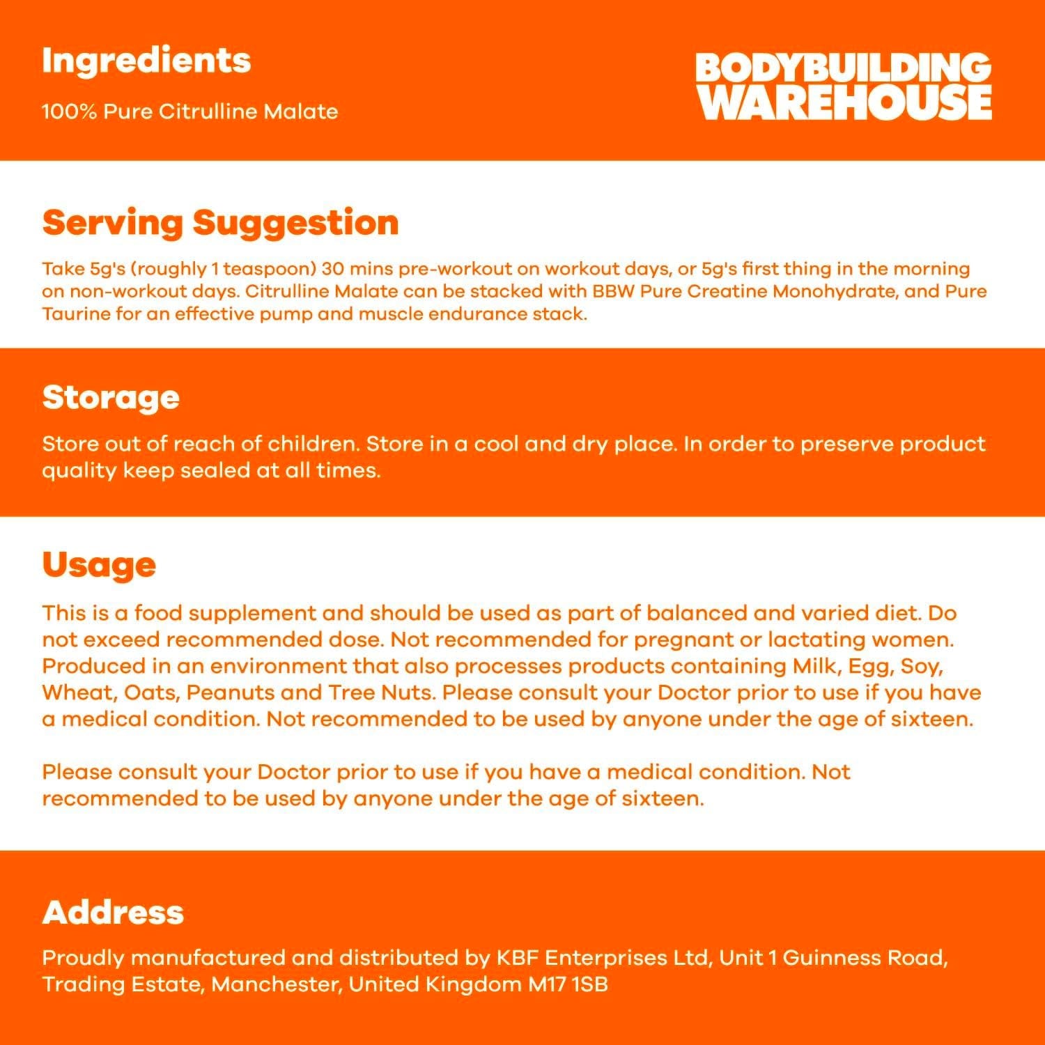 Bodybuilding Warehouse, Pure Citrulline Malate Powder (2:1), Pre-Workout Supplement, Nitric Oxide Enhancer (Unflavoured, 100G)