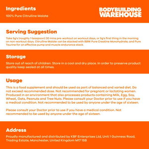 Bodybuilding Warehouse, Pure Citrulline Malate Powder (2:1), Pre-Workout Supplement, Nitric Oxide Enhancer (Unflavoured, 100G)