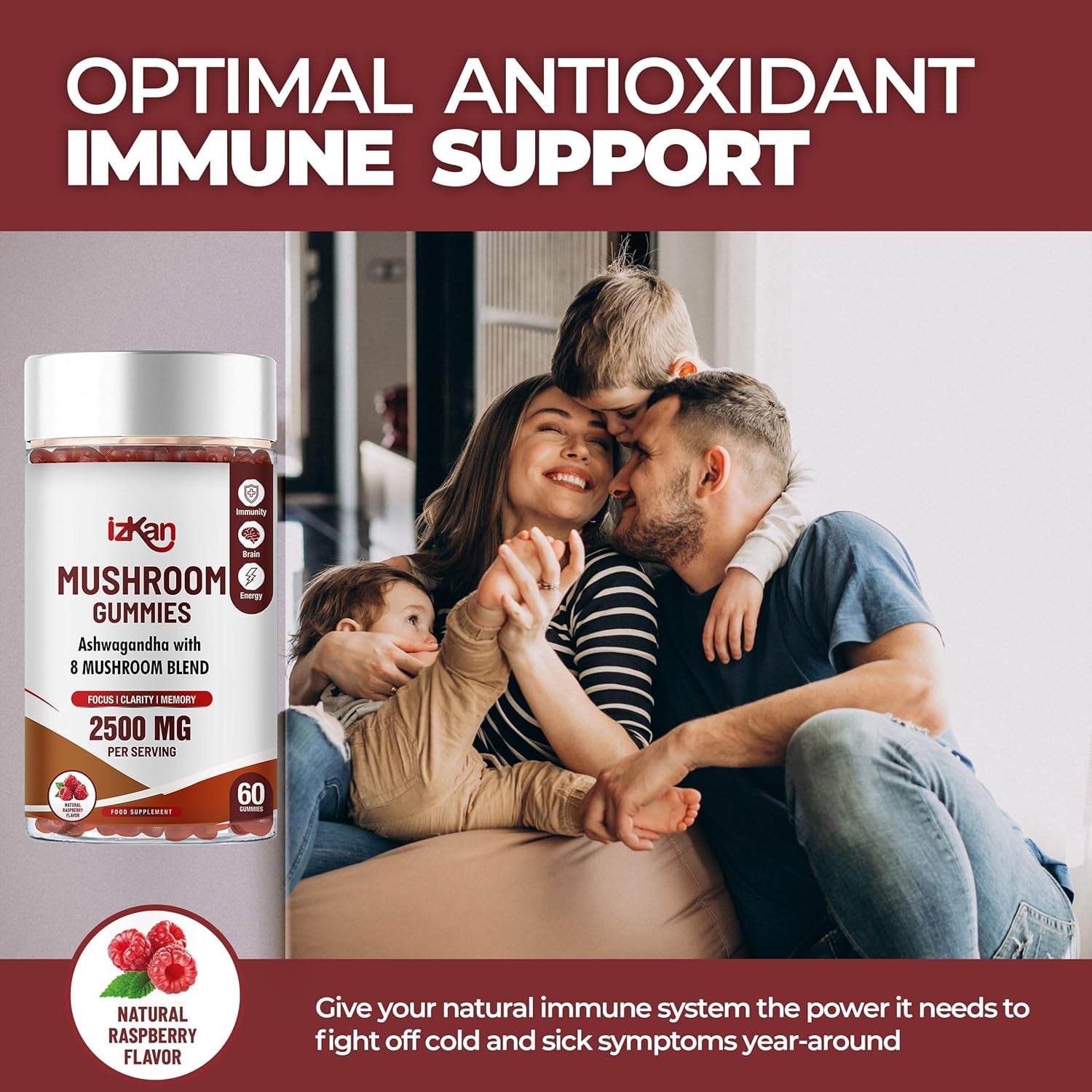 Mushroom Complex Gummies 2500Mg - 8 Brain Health Mushrooms Gummies with Ashwagandha Supplement Promotes Calm Focus Memory Mood Immunity & Energy - 60 Count (Halal, Gluten-Free, Vegan) (1)