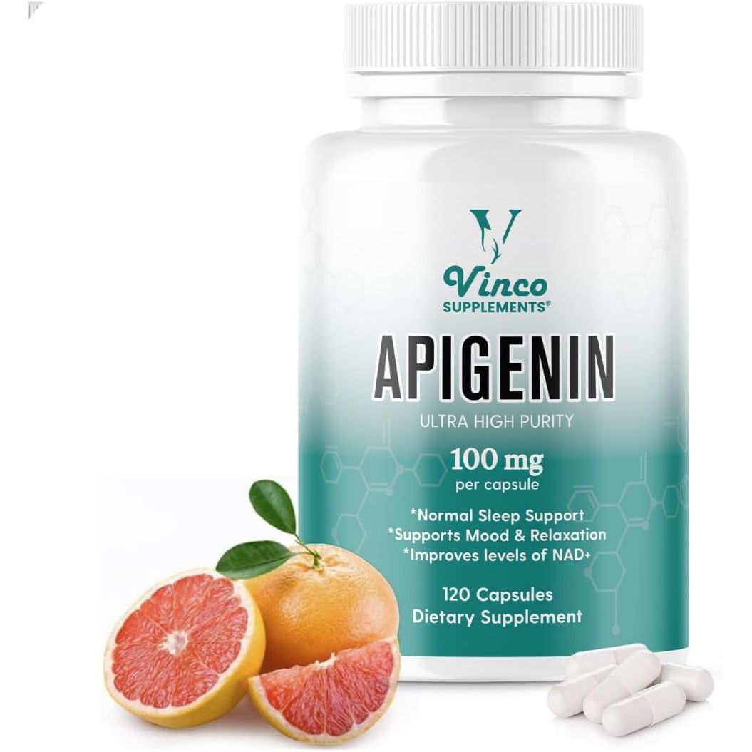 Vinco Apigenin 100Mg Supplement - 120 Sleep Capsules for Better Relaxation, 99%+ Pure Natural Formula - NAD Booster, Apigenin Sleep Supplements, Natural Sleep Aid for Adults - Made in the UK