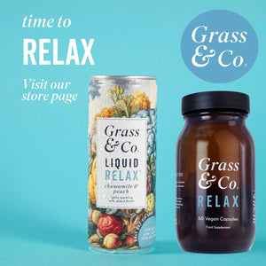 Grass & Co. Nootropics Drinks with Magnesium, Ashwagandha, Vitamin B12, Vitamin B6, Reishi Mushroom & More | Liquid Relax | Chamomile & Peach | Lightly Sparkling | Vegan | 12 X 250Ml Cans