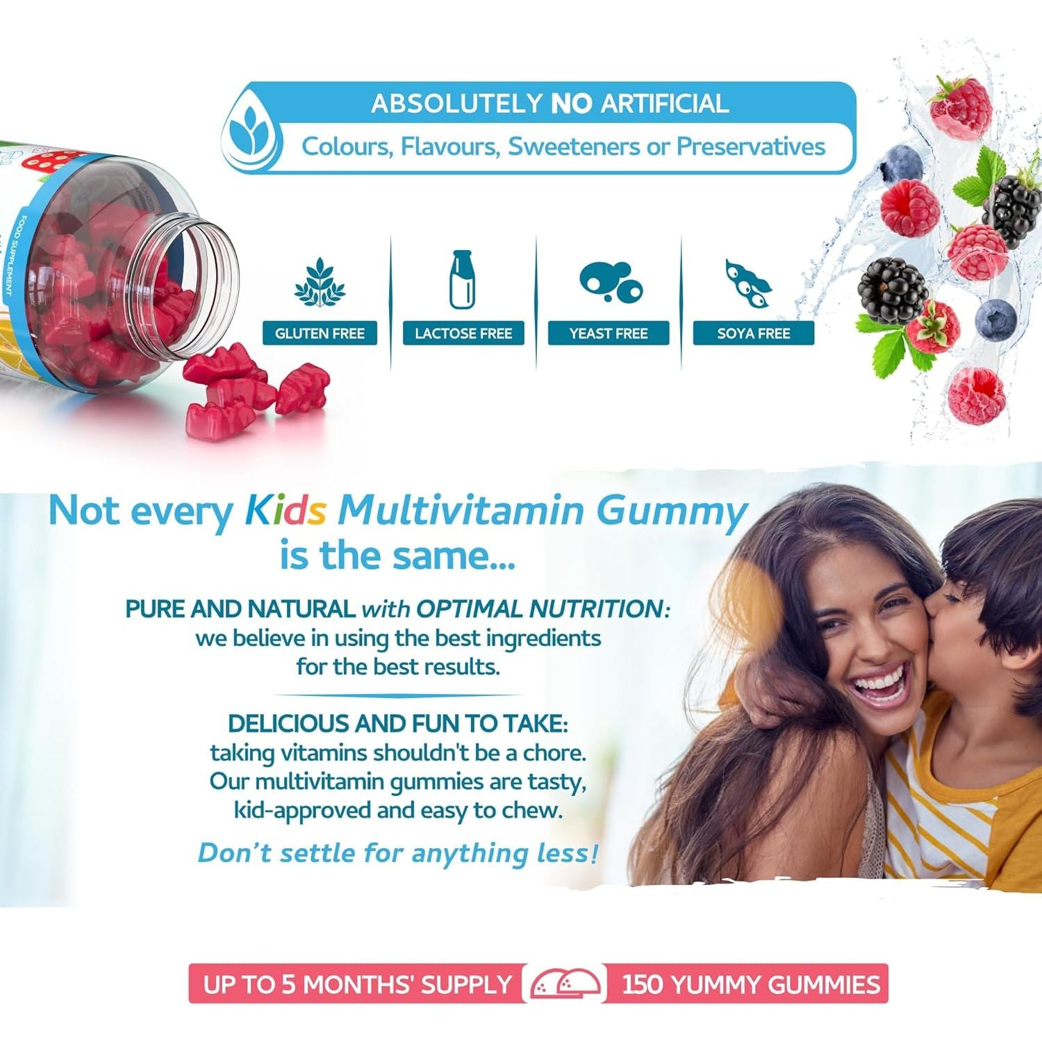 Kids/Childrens Vitamins - 150 Multivitamin & Minerals Gummies - Natural Berry Flavour Packed with Essential Nutrients - Vegan & Free of Artificial Sweeteners – 5 Months Supply – UK Made