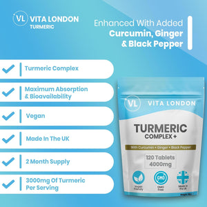 Turmeric Tablets 4000Mg | Turmeric Supplement with Added Black Pepper & Ginger | 120 High Strength Curcumin Tablet (Gummies, Not Capsule or Powder) | Vegan, Made in UK