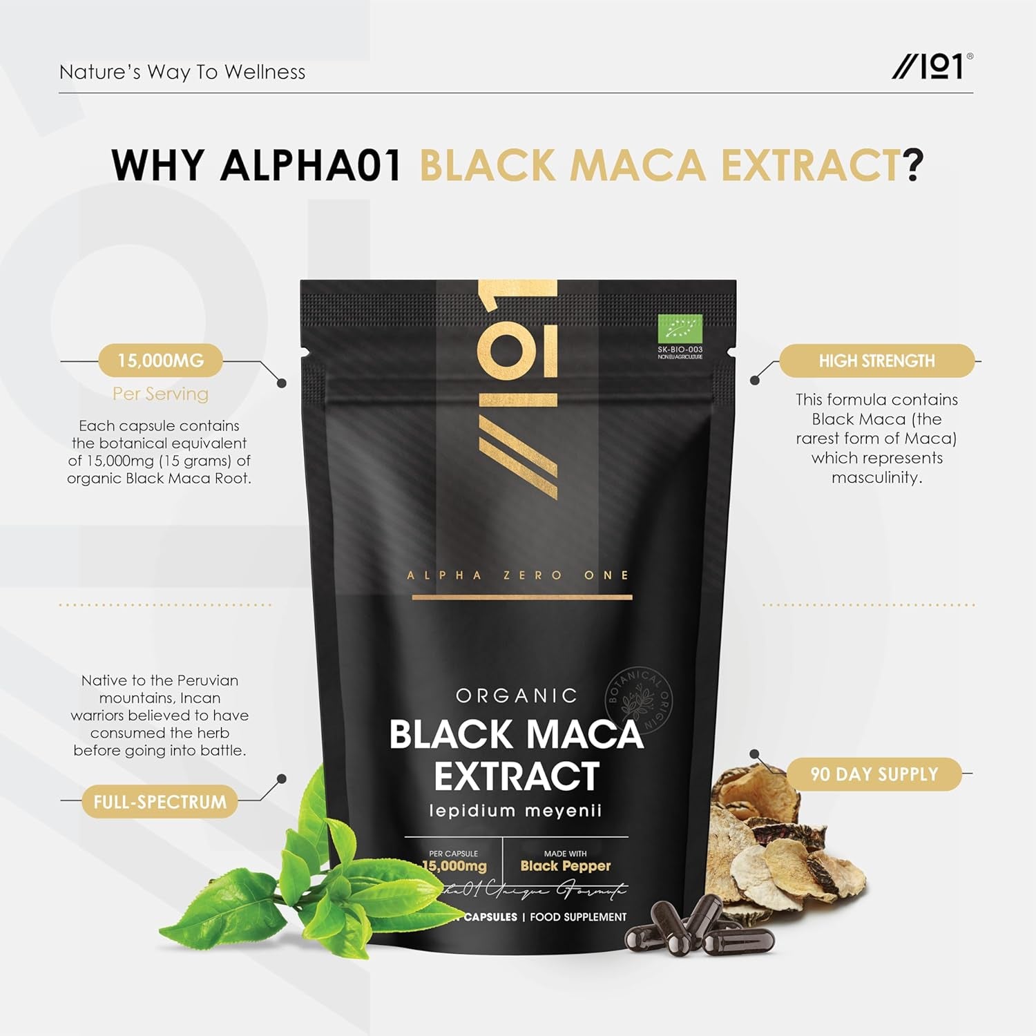 Organic Black Maca Root 15,000Mg with Black Pepper – Peruvian Black Maca Supplement for Men - 90 Vegan Capsules (3 Months Supply) – Resealable and Recyclable Pouch by Alpha01
