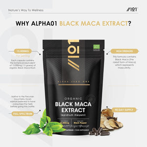 Organic Black Maca Root 15,000Mg with Black Pepper – Peruvian Black Maca Supplement for Men - 90 Vegan Capsules (3 Months Supply) – Resealable and Recyclable Pouch by Alpha01
