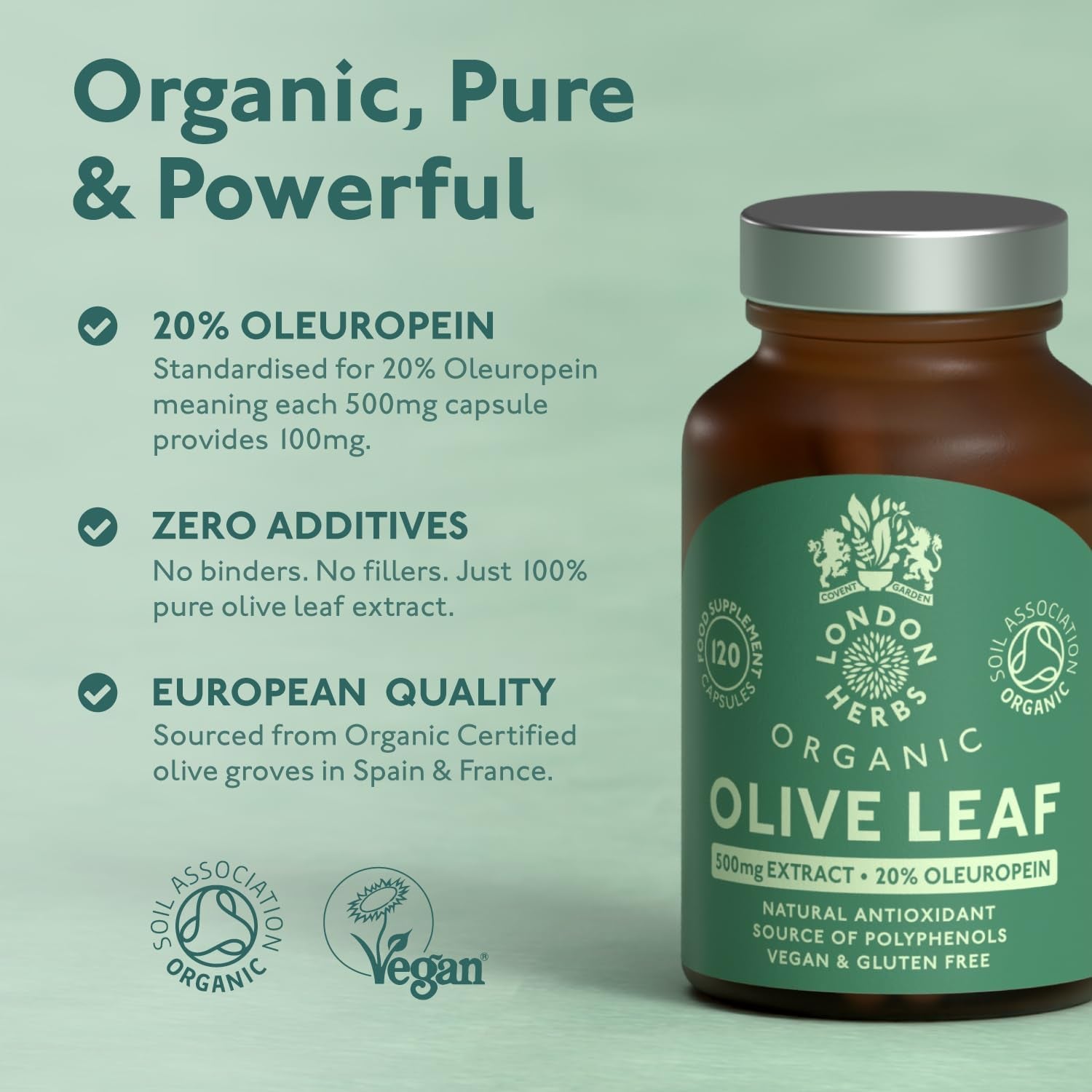 Organic Olive Leaf Extract 500Mg | Standardised for 20% Oleuropein | 120 Vegan Capsules | Made in the UK