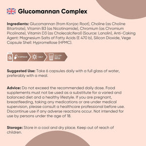 Glucomannan Capsules from Konjac Root - 180 Glucomannan Powder Capsules - with Choline, Chromium, Vitamin D3 & Vitamin B3 - Non-Gmo, Gluten-Free & Vegetarian-Friendly - 1 Month Supply - Made in the UK