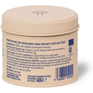 Dirtea Lion'S Mane Oganic Mushroom Powder – Enhances Focus, Memory & Digestion. 60G Tin with 30 Servings and Serving Spoon. 100% Pure Lions Mane Powder for Wellness.