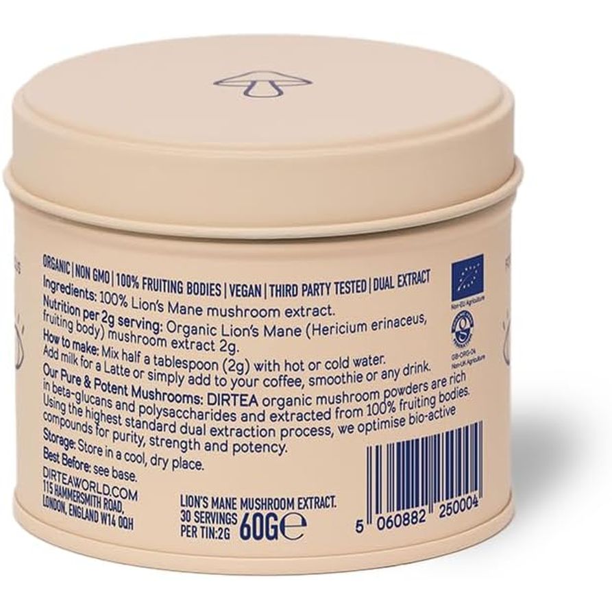 Dirtea Lion'S Mane Oganic Mushroom Powder – Enhances Focus, Memory & Digestion. 60G Tin with 30 Servings and Serving Spoon. 100% Pure Lions Mane Powder for Wellness.
