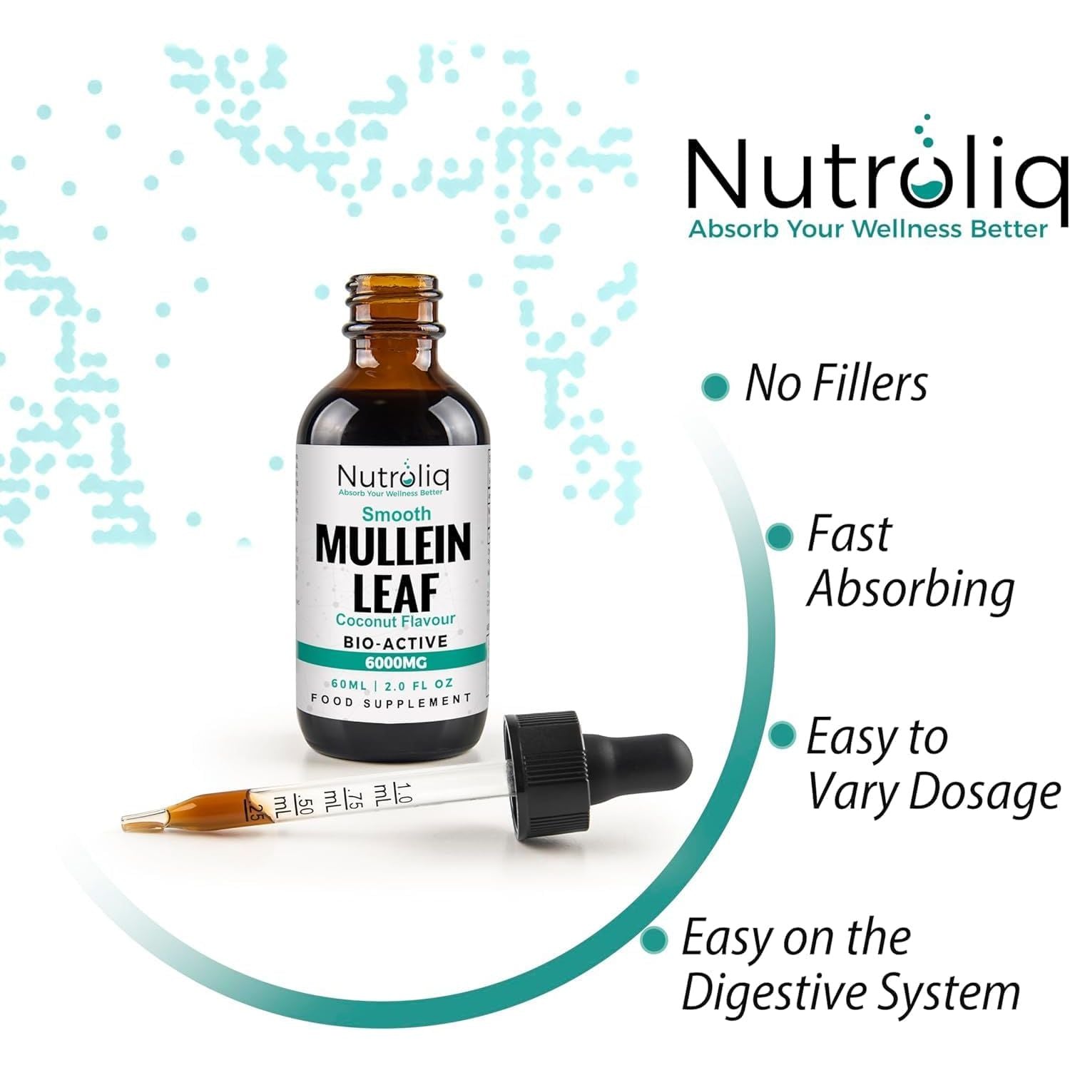 Nutroliq Mullein Leaf 50:1 Extract Drops - Vegan, Non-Gmo Supplements for Lung Cleanse and Respiratory Health, Digestive Wellness, Sound Sleep Support - Fast Absorption Tincture - 60Ml, 2 Month Supply