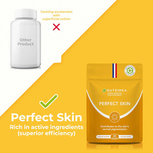 PERFECT SKIN - Tanning Accelerator Tablets - Natural Sun Protector - Bronzed Glow - 60 Vegan Capsules - Beta Carotene and Burdock - French Expertise - Nutrimea