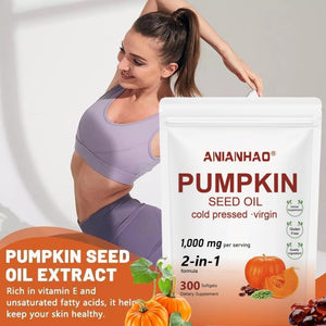 Pumpkin Seed Oil Capsules 300 Softgels, Pumpkin Seed Extract | 2 in 1 Pumpkins Seed Oil for Hair Growth, Cold Pressed, Supports Hair, Heart, Skin Supplement | Non-Gmo | Gluten Free