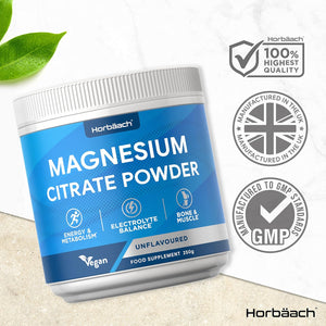 Magnesium Citrate Powder | High Absorption Formula | 250G - 100 Servings | Electrolyte Balance | Pure & High Strength Supplement | Vegan & Unflavoured | for Men & Women | by Horbaach