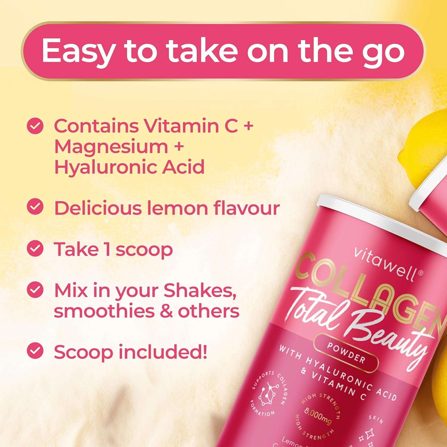 Vitawell Collagen Total Beauty Powder Supplement for Women | 8,000Mg Hydrolysed Collagen Peptides Powder with Vitamin C + Magnesium + Hyaluronic Acid | Non-Gmo 200G (Lemon Flavour)