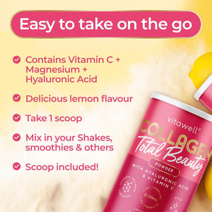 Vitawell Collagen Total Beauty Powder Supplement for Women | 8,000Mg Hydrolysed Collagen Peptides Powder with Vitamin C + Magnesium + Hyaluronic Acid | Non-Gmo 200G (Lemon Flavour)