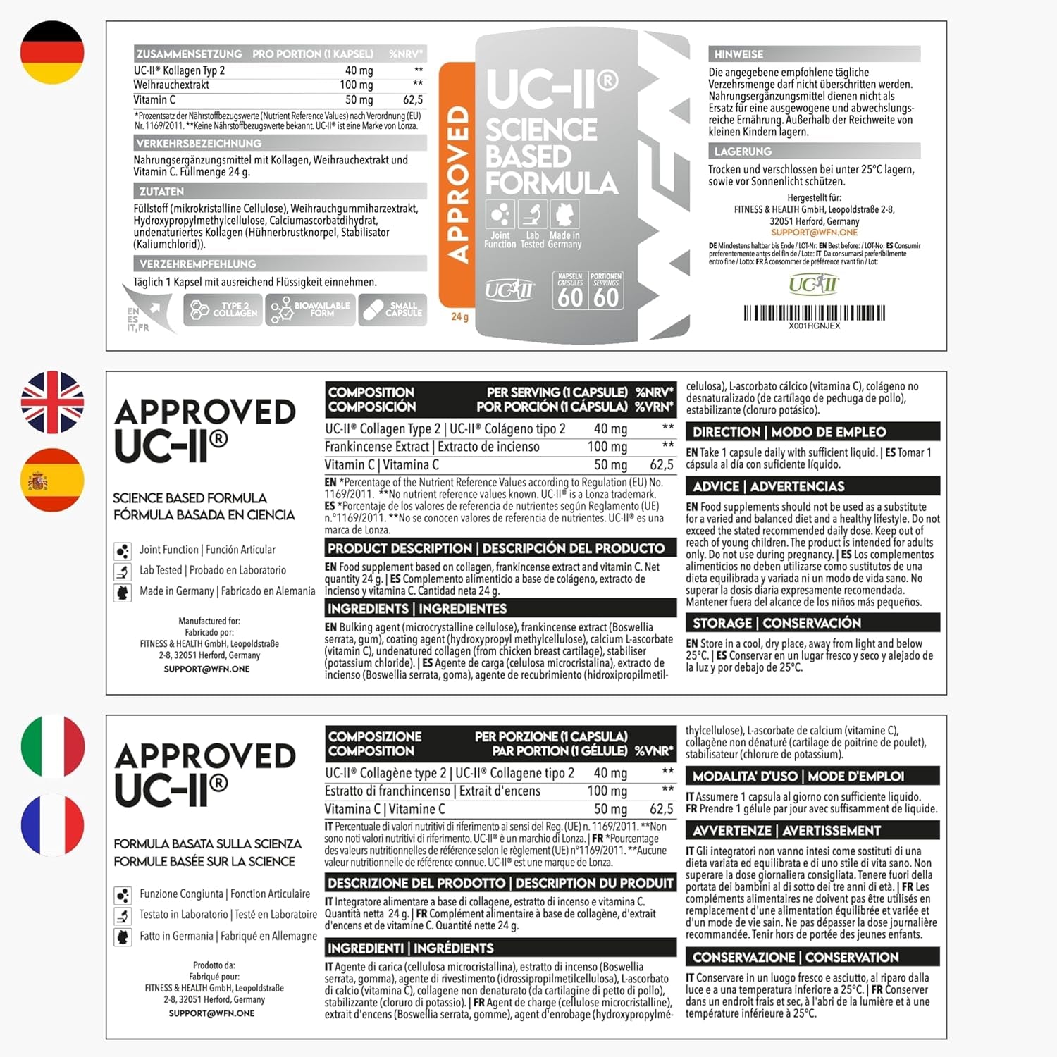 WFN Approved UC-II - Type 2 Collagen for Joints - 60 Capsules - 40Mg Undenatured Type II Collagen - Complex with UC II Collagen, Vitamin C & Boswellia Serrata - Produced & Tested in Germany