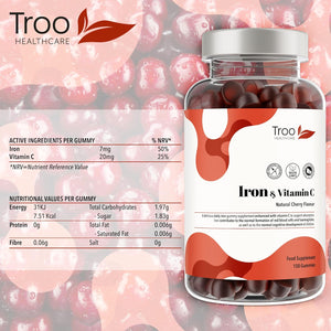 Troo Health Care Iron & Vitamin C - 150 Natural Cherry Flavour Gummies - Tasty Chewable Supplement for Men, Women and Kids - Increased Absorption Supports Cognitive & Red Blood Cell Formation