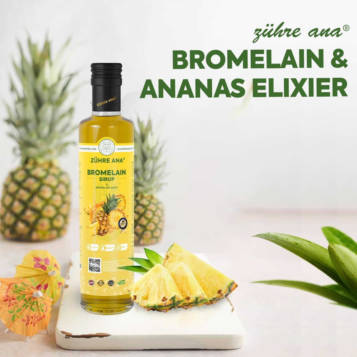 Zühre Ana® Bromelain Syrup - with Bromelain, Coenzyme Q10, Mate Extract, L-Carnitine and Natural Pineapple Aroma - Your Natural Support in Everyday Life - Vegan