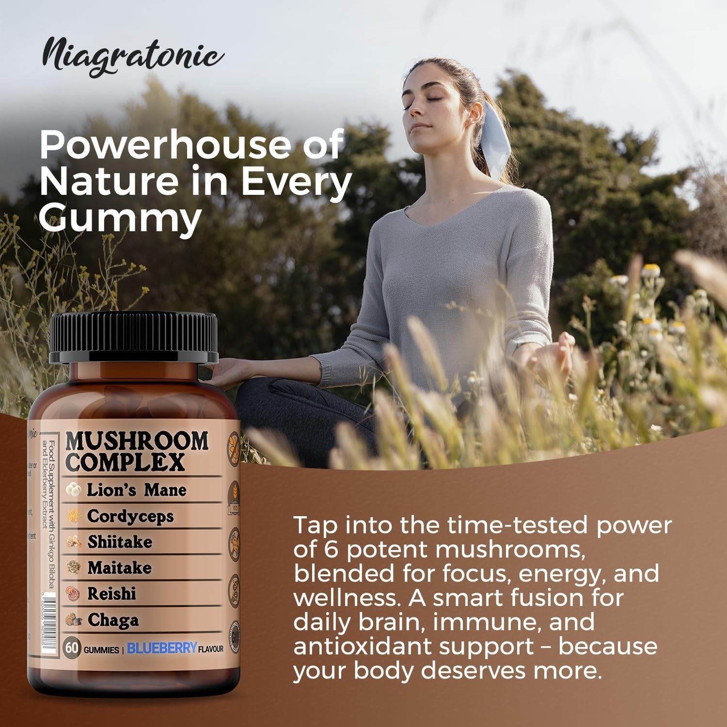 Mushroom Complex 60 Gummies, Lion’S Mane, Cordyceps, Shiitake, Maitake, Reishi, Chaga with Ginkgo Biloba and Elderburry Extract, Sugar Free