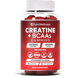 Purewellness Creatine and BCAA Gummies - 5000Mg Creatine Monohydrate, 1000Mg Bcaas per Serving - Chewable Vegan Sugar Free Gummies, Strawberry Flavour (1 Month Supply)