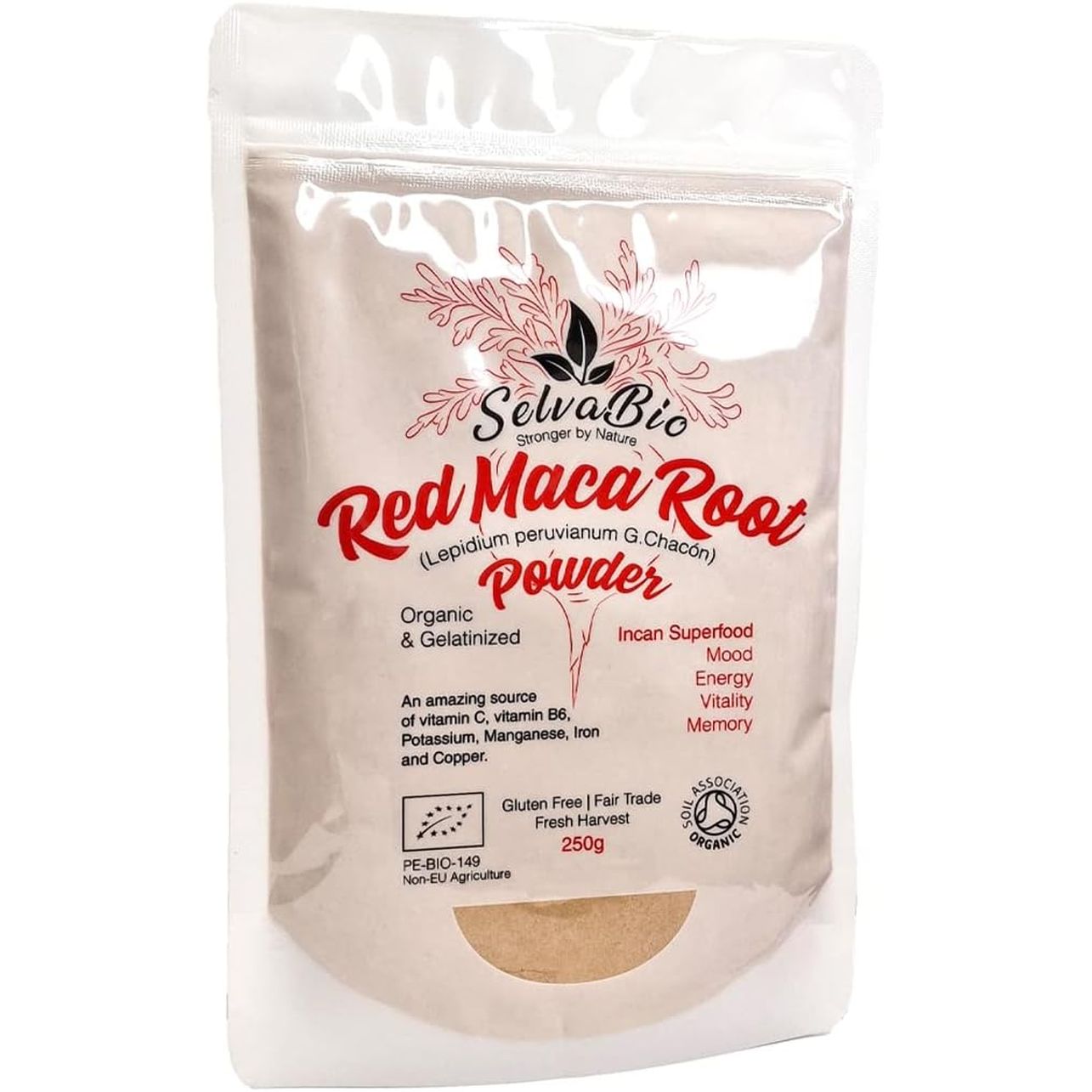 Organic Red Maca Root Gelatinized Powder, Soil Association Certified, 250G from the High Peruvian Mountains.