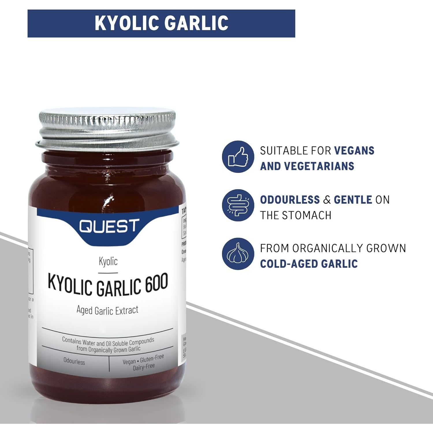 Quest Kyolic Garlic 90 Tablets - 600Mg High Strength Odourless Agedgarlic Extract for Heart, Liver & Immune Function. Daily Supplement, Improve Circulation, Liver Detox & Immunity (Pack of 1)