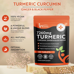 Turmeric Curcumin Tablets 7,260Mg per Serving - 95% Curcuminoids 2 Months Supply - with Ginger & Active Curcumin Including Black Pepper to Aid Absorption - High Strength Tumeric Supplement - Vegan UK