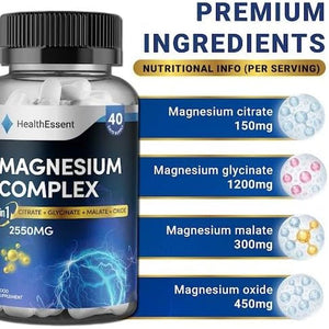 Magnesium 6-In-1 Complex, 2550Mg with Magnesium Citrate, Glycinate, Malate, Oxide, Taurate and Orotate - Promotes Sleep, Energy and Muscles - for Stress & Anxiety Relief - 120 Capsules by Healthessent