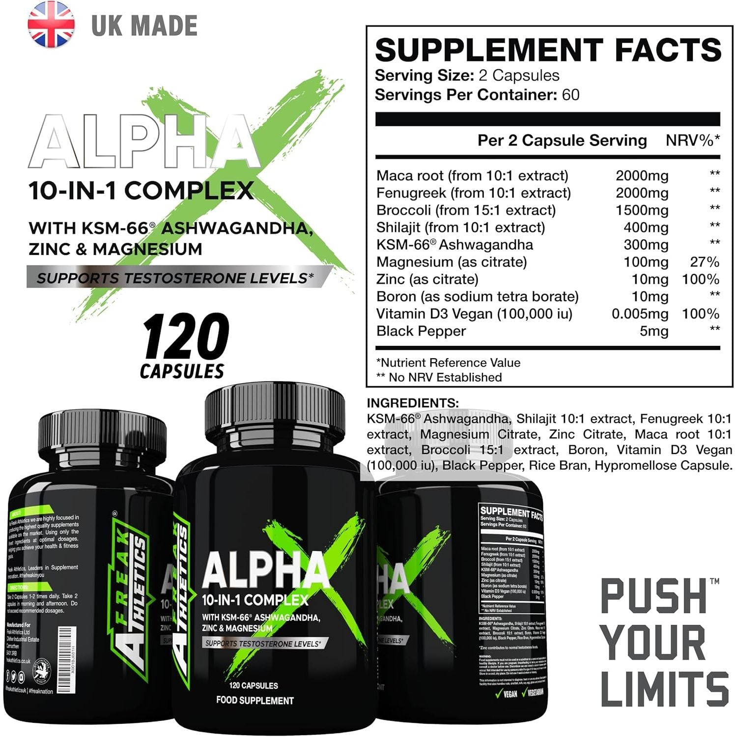 Alpha X Testosterone Supplements for Men - Testosterone Booster for Men 120 Capsules - 10 Powerful Ingredients & Vitamins Including KSM-66 Ashwagandha, Zinc, Maca Root Extract - Made in the UK