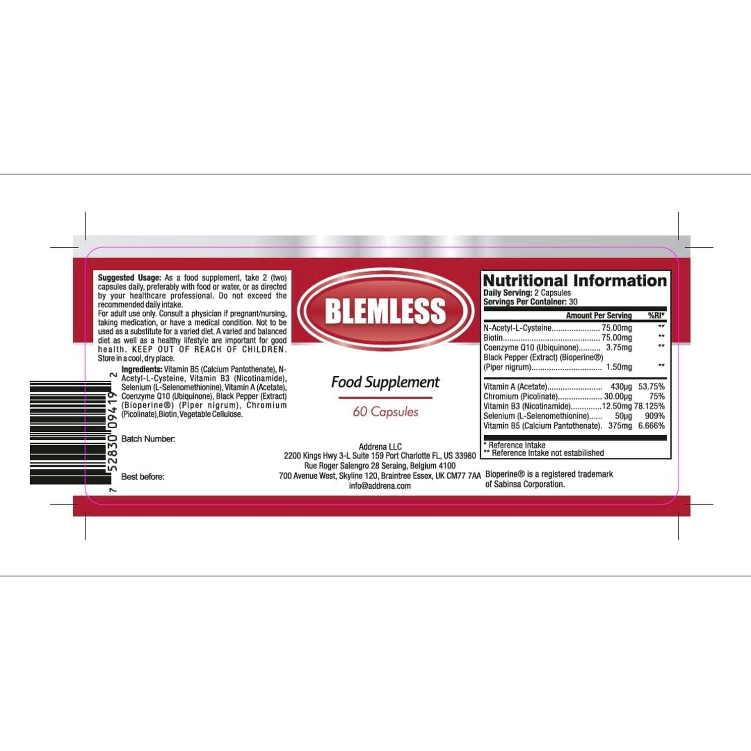 Blemless 30 Day- Clear Skin Supplement Pills Designed to Reduce Oily Breakouts from Spots & Blemishes with Vitamins A, B5, NAC, & Selenium for Women, Men, Teens, & Adults | 60 Natural Capsules