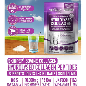 Collagen Powder 450G (+ 400Mg VIT C per 10G) Ultra Premium Double Hydrolysed Bovine Collagen Peptides by Skinpep - Halal Certified - 8 Essential Amino Acids, Collagen Supplements, Made in UK