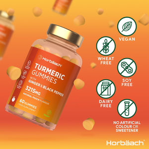 Turmeric Gummies with Black Pepper & Ginger 3215Mg | High Strength Turmeric Curcumin Supplement | 60 Vegan Gummies | Natural Peach Flavour - Tablet Alternative | by Horbaach