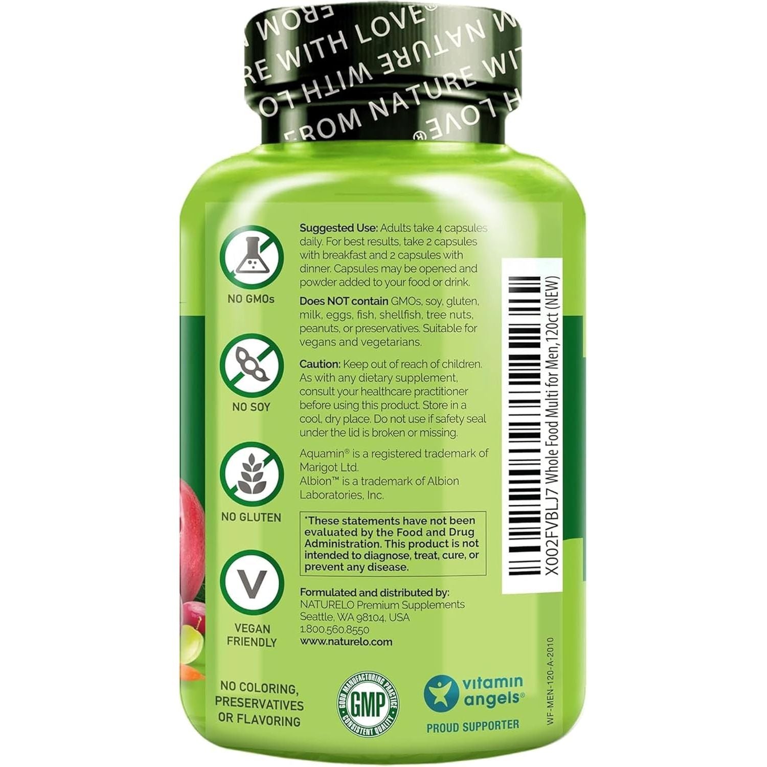 NATURELO Whole Food Multivitamin for Men - with Natural Vitamins, Minerals, Botanical Blends - Complete All-In-One Formula for Energy, Brain, Heart, Eye Health - 120 Vegan Capsules | 1 Month Supply