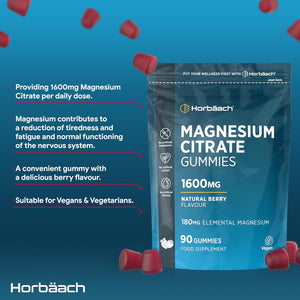 Magnesium Gummies 1600Mg | Citrate Providing 180Mg Elemental Magnesium | Berry Flavoured | Supplement for Women & Men | 90 Vegan Gummies | by Horbaach