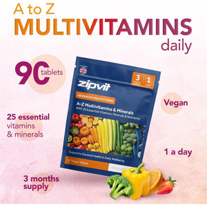 Zipvit A-Z Multivitamin Tablets, Vegan Multivitamin & Minerals for Men and Women, 90 Tablets (3-Month Supply), 26 Essential Vitamins & Minerals for Immune Support, Bone Health, and Energy