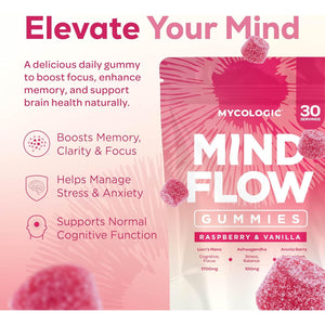 Mycologic Lions Mane Mushroom Gummies for Adults, 30 Servings - Natural Clarity & Focus Gummies with Ashwagandha & Aronia Berry - Raspberry & Vanilla Flavour Brain Boost Supplement - 1 Month Supply