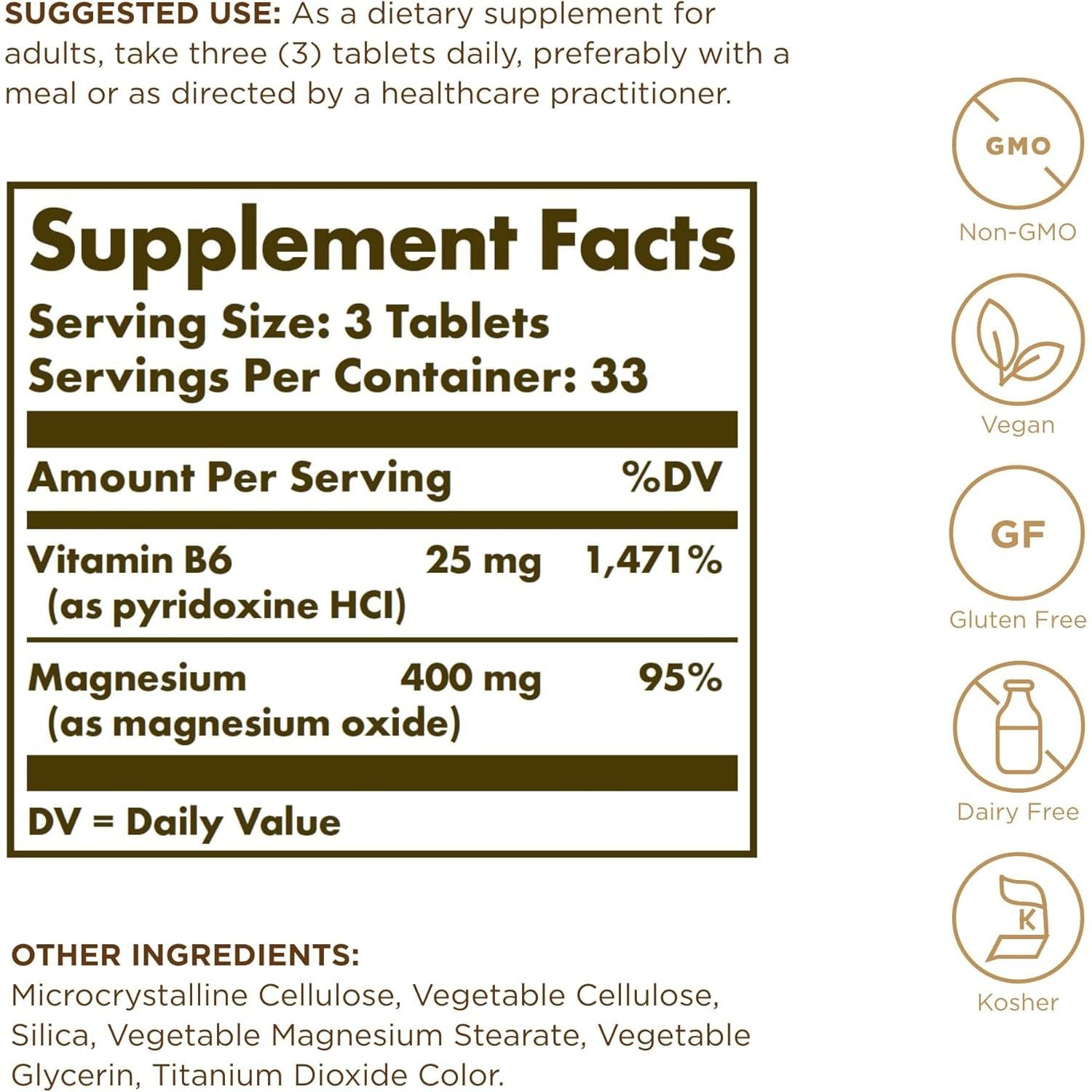 Solgar Magnesium with Vitamin B6 - Supports Energy Levels - Reduce Tiredness and Fatigue - Muscle Function - Vegan - 100 Tablets
