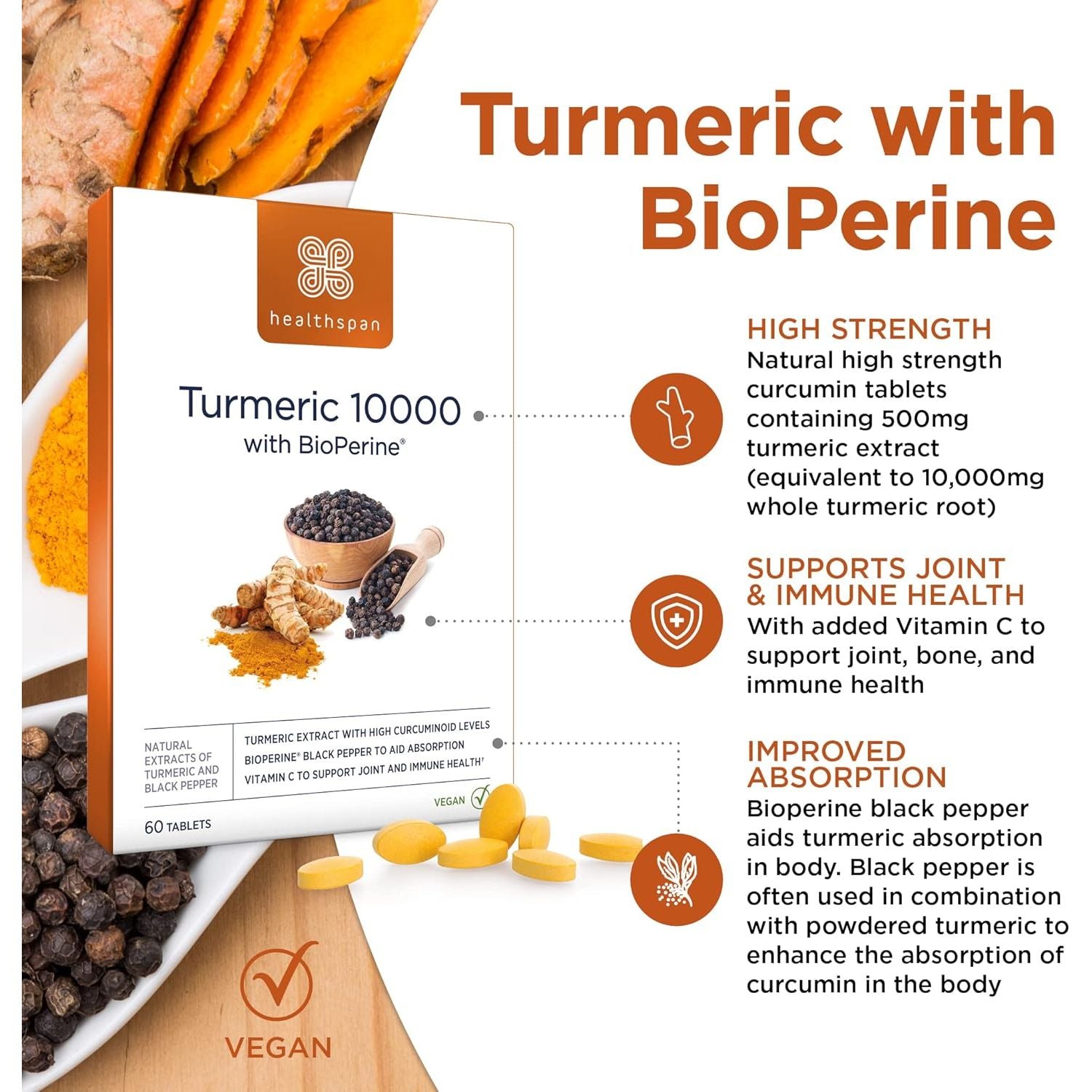 Healthspan Turmeric 10,000Mg with Bioperine Black Pepper Extract (2 Months’ Supply) | High Potency Turmeric Extract | Supports Immune, Bone & Cartilage Health | Bioperine Aids Absorption | Vegan