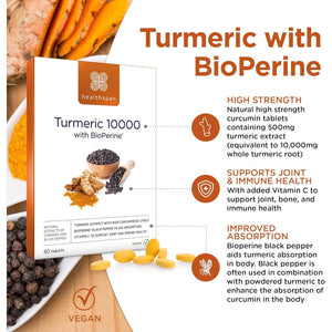 Healthspan Turmeric 10,000Mg with Bioperine Black Pepper Extract (2 Months’ Supply) | High Potency Turmeric Extract | Supports Immune, Bone & Cartilage Health | Bioperine Aids Absorption | Vegan
