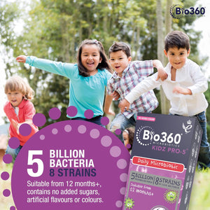 Natures Aid Bio360 Kidz Pro-5 Daily Microbiotic Powder 90G for Children 12 Months to 12 Years - 5 Billion Friendly Bacteria - Supports Digestive Health & Immunity Sugar Free Vegan Non-Gmo Gluten-Free