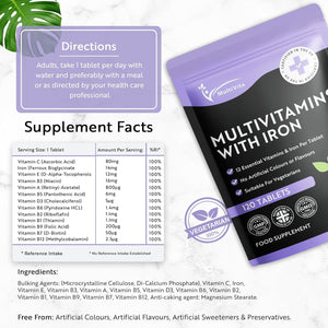 Multivita Multivitamins with Iron – 12 Essential Vitamins & Iron – Immune, Energy & Skin Support – 1-A-Day for Men & Women – 120 Tablets – 4 Month Supply – Vegetarian – Made in UK