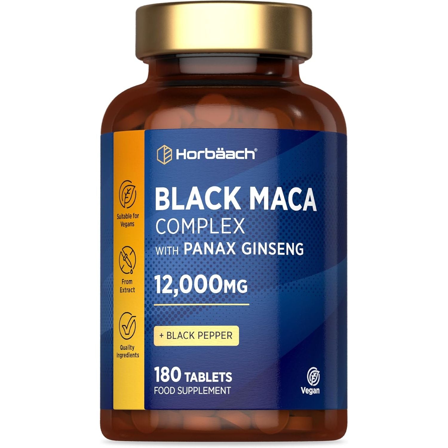 Black Maca Root 12,000Mg (High Strength) | Complex with Black Maca, Panax Ginseng, Yellow Maca & Black Pepper | 180 Vegan Tablets | by Horbaach